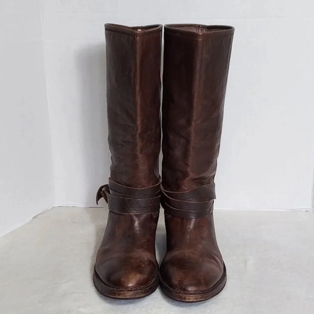 Vintage Shoe Company Distressed Brown Leather Boots Wrap Around Buckle Straps